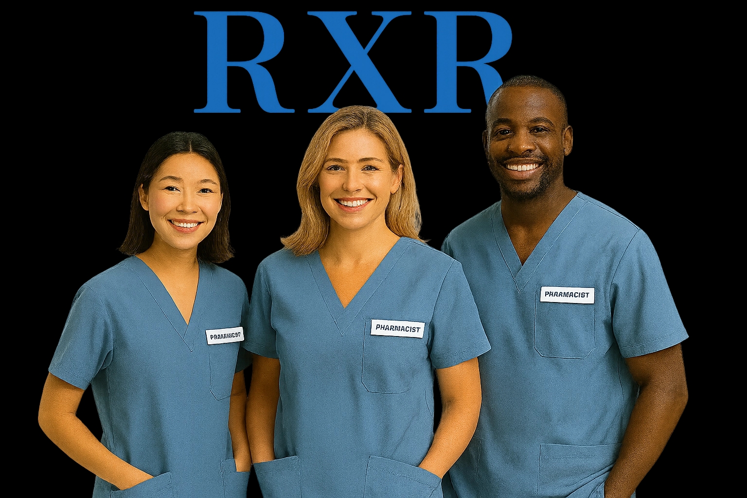 Pharmacy team of three professionals in blue scrubs